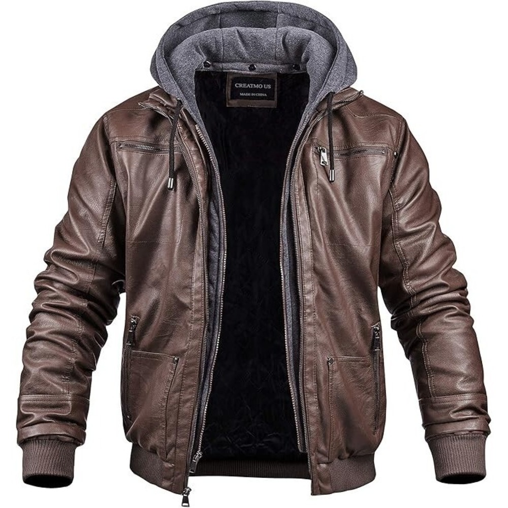 CREATMO US Mens Brown Faux Leather Bomber Motorcycle Jacket (XL)  Removable Hood